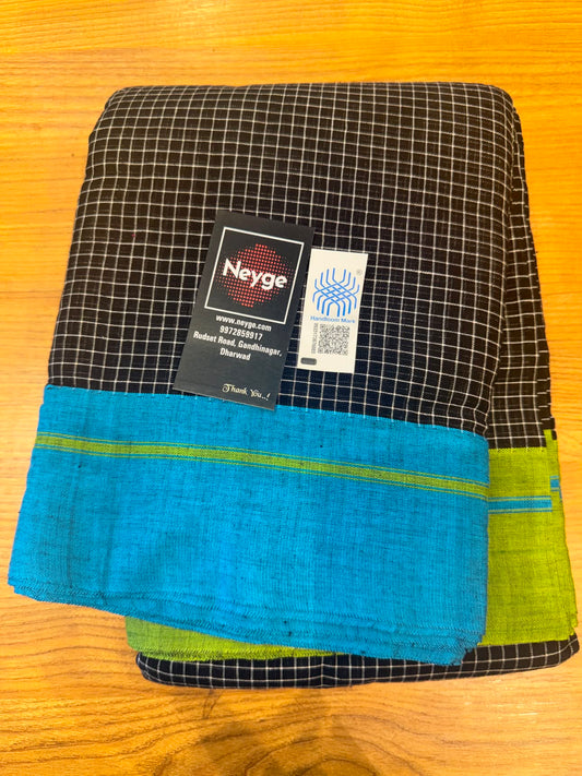 Neyge Ilkal Patteda Anchu Pure Cotton Elegant Checkered Pattern Plain Border Stripe Pallu - GreenBlue