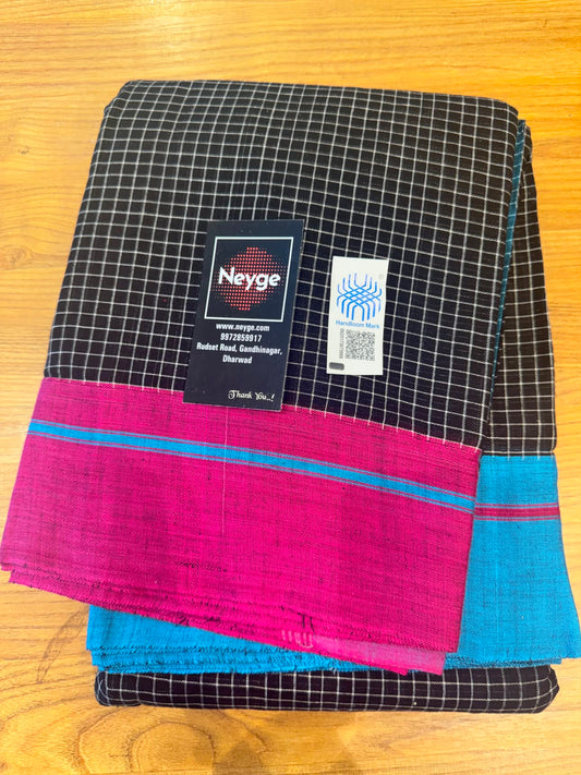 Neyge Ilkal Patteda Anchu Pure Cotton Elegant Checkered Pattern Plain Border Stripe Pallu - Black
