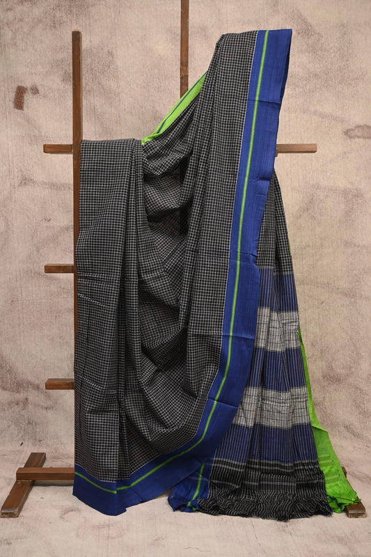 Neyge Ilkal Patteda Anchu Pure Cotton Elegant Checkered Pattern Plain Border Stripe Pallu - GreenBlue