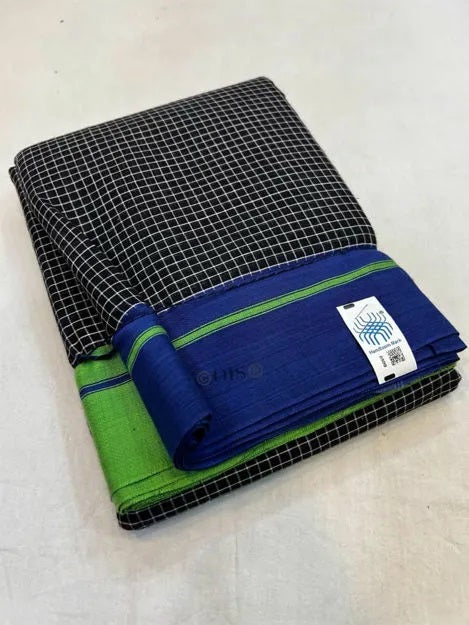 Neyge Ilkal Patteda Anchu Pure Cotton Elegant Checkered Pattern Plain Border Stripe Pallu - GreenBlue