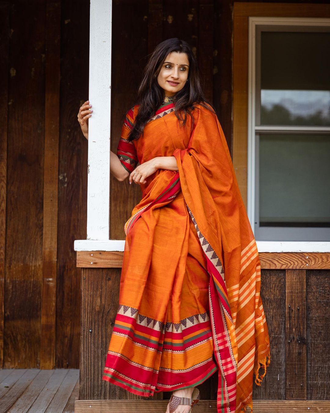 Neyge Pure Cotton Narayanpet Saree Skirt Border Stripe Pallu Saree - Orange