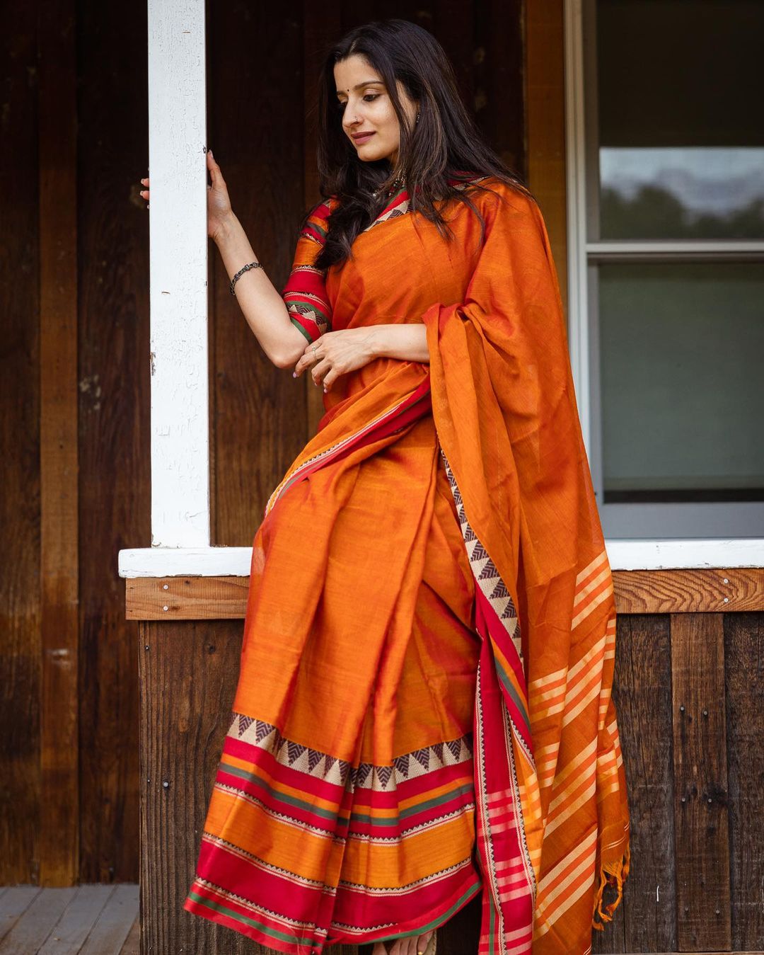 Neyge Pure Cotton Narayanpet Saree Skirt Border Stripe Pallu Saree - Orange