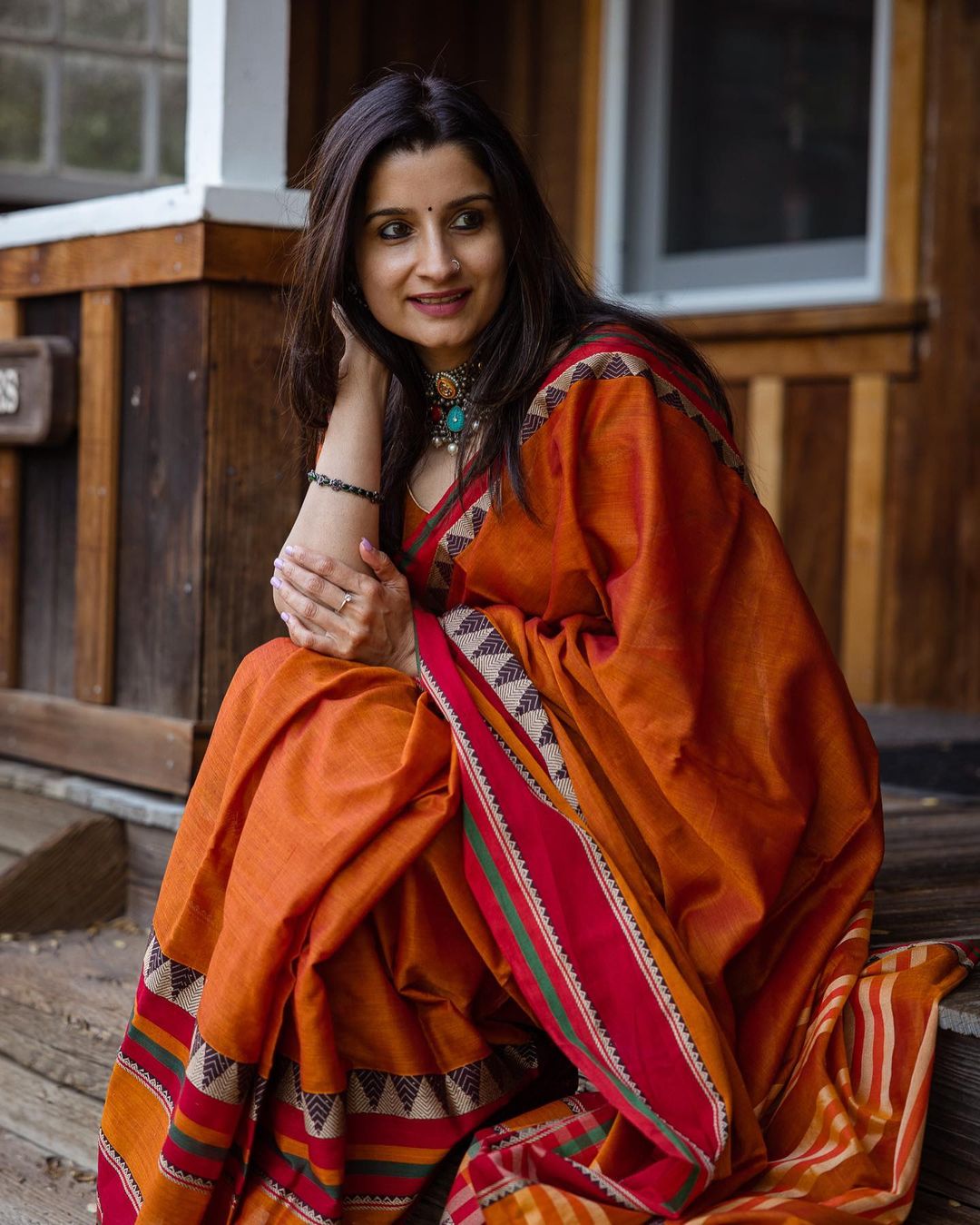 Neyge Pure Cotton Narayanpet Saree Skirt Border Stripe Pallu Saree - Orange