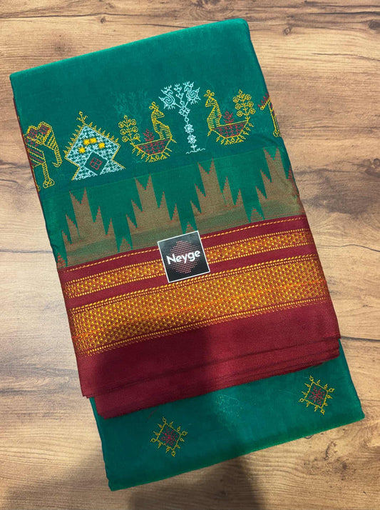Neyge Ilkal Pure Cotton Silk Dharwad Kasuti Saree Temple Gadwal Chikkiparas Border Tope Pallu Saree -BottolGreen