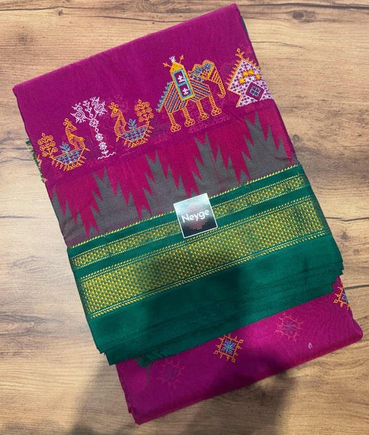 Neyge Ilkal Pure Cotton Silk Dharwad Kasuti Saree Temple Gadwal Chikkiparas Border Tope Pallu Saree -Pink