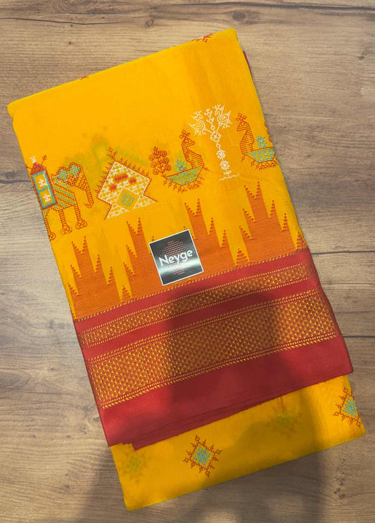 Neyge Ilkal Pure Cotton Silk Dharwad Kasuti Saree Temple Gadwal Chikkiparas Border Tope Pallu Saree -Yellow_Red
