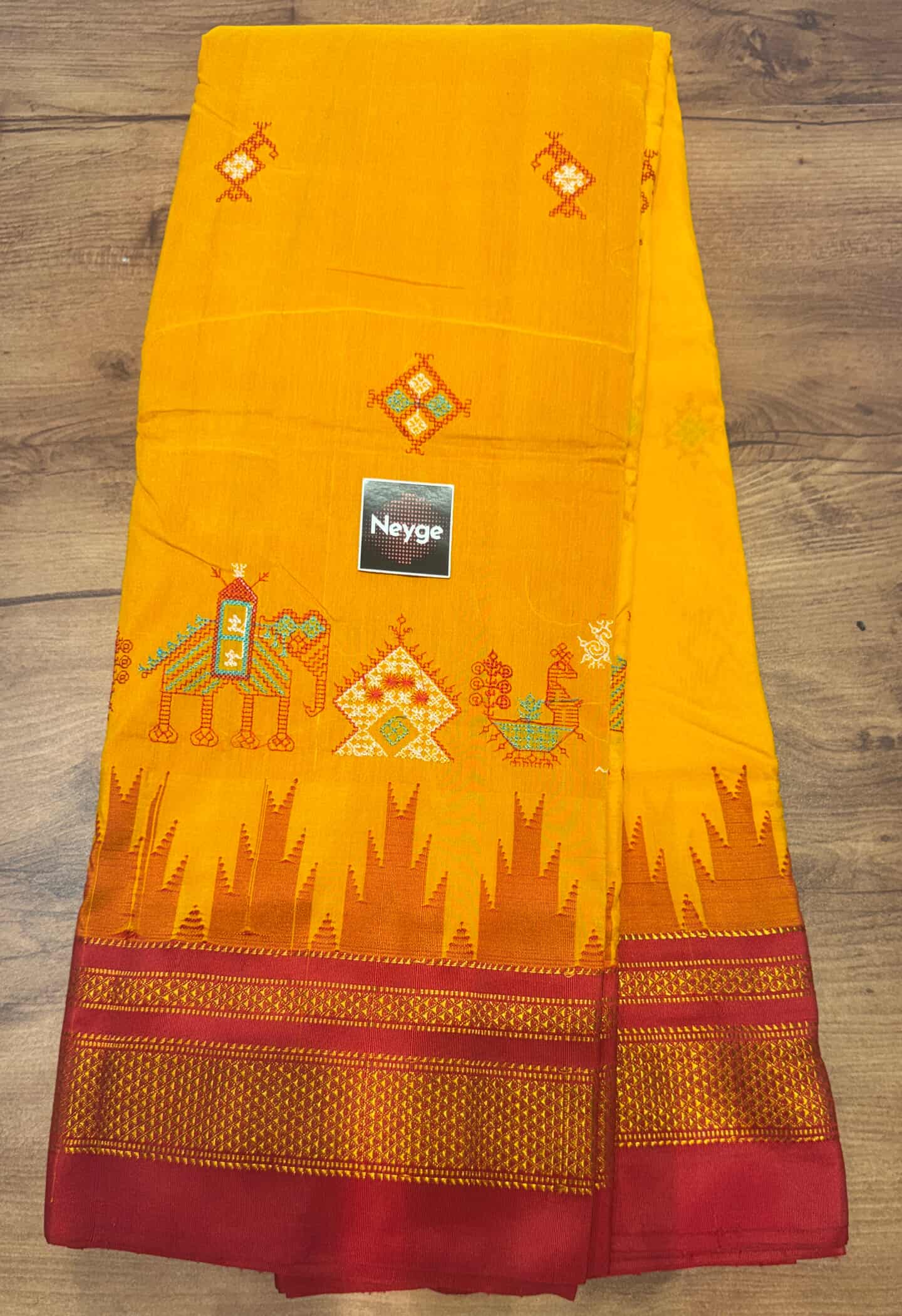 Neyge Ilkal Pure Cotton Silk Dharwad Kasuti Saree Temple Gadwal Chikkiparas Border Tope Pallu Saree -Yellow_Red