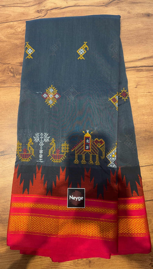 Neyge Ilkal Pure Cotton Silk Dharwad Kasuti Saree Temple Gadwal Chikkiparas Border Tope Pallu Saree -Grey_Pink