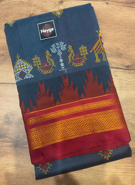 Neyge Ilkal Pure Cotton Silk Dharwad Kasuti Saree Temple Gadwal Chikkiparas Border Tope Pallu Saree -Grey_Red