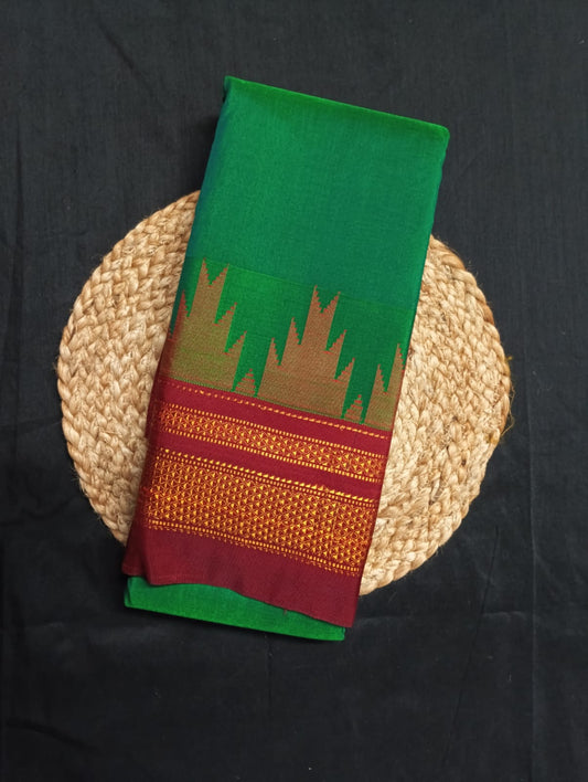 Neyge Ilkal Pure Cotton Silk Saree Temple Gadwal Chikkiparas Border Tope Pallu Saree (Green_Red)