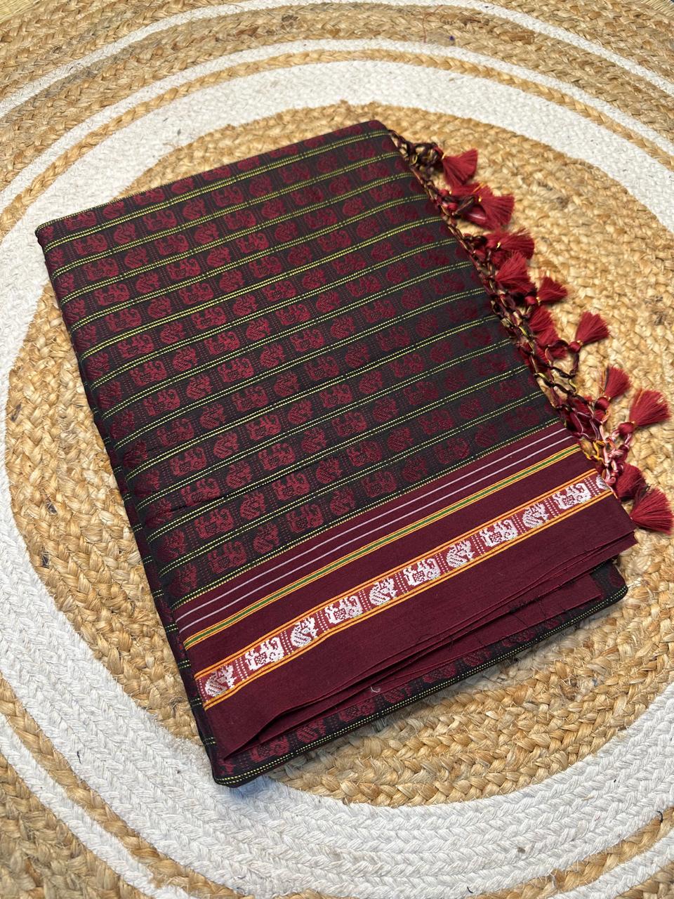 Neyge Cottonsilk Premium Quality Hati Mor Khun Saree_Running Pallu and Running Blouse_Maroon