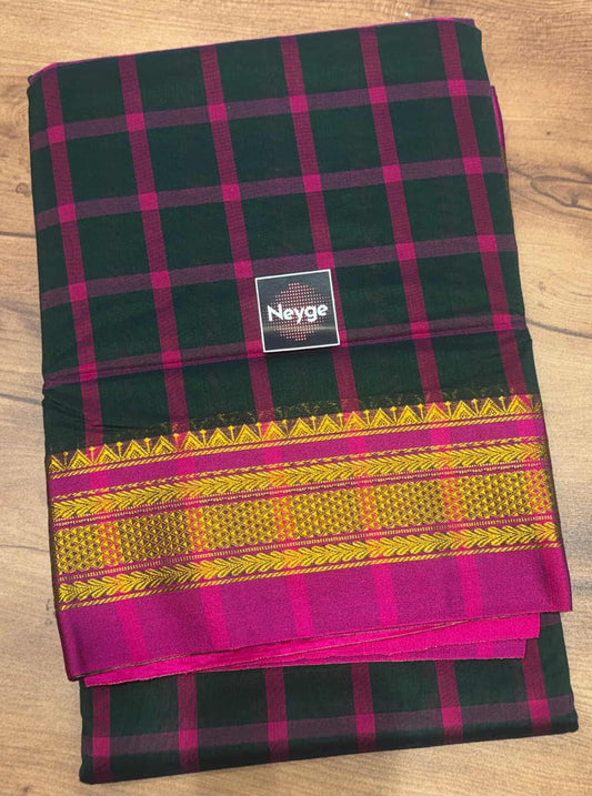 Neyge Classic Ilkal Cotton Silk Checks with Signature Tope-Tope Pallu Chikki Paras Border & Contrast Blouse_Black