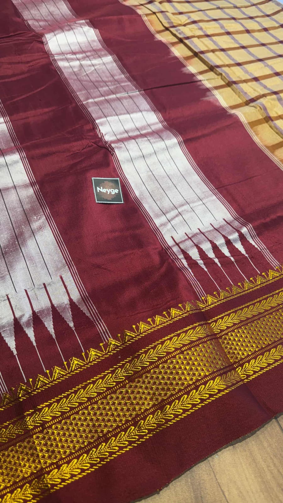 Neyge Classic Ilkal Cotton Silk Checks with Signature Tope-Tope Pallu Chikki Paras Border & Contrast Blouse_Mustard