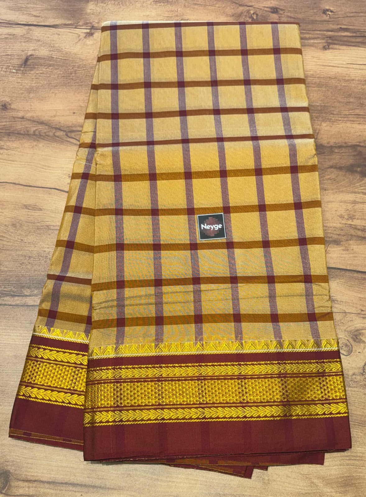 Neyge Classic Ilkal Cotton Silk Checks with Signature Tope-Tope Pallu Chikki Paras Border & Contrast Blouse_Mustard