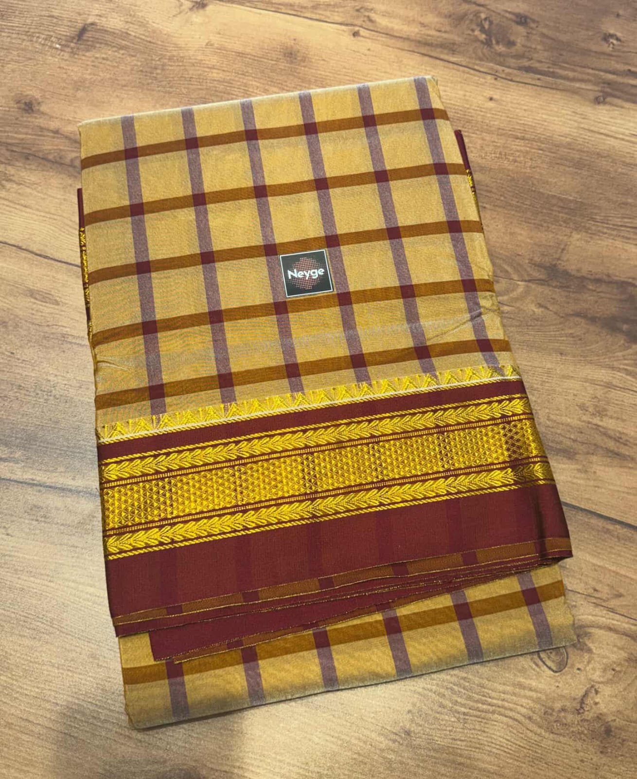 Neyge Classic Ilkal Cotton Silk Checks with Signature Tope-Tope Pallu Chikki Paras Border & Contrast Blouse_Mustard