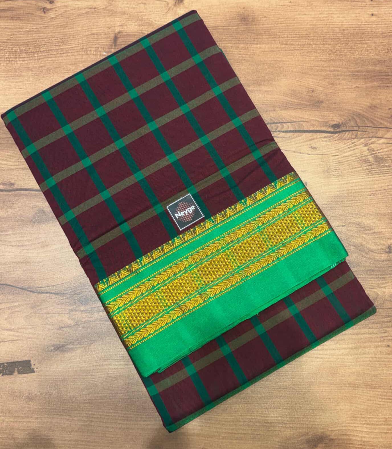 Neyge Classic Ilkal Cotton Silk Checks with Signature Tope-Tope Pallu Chikki Paras Border & Contrast Blouse_Maroon