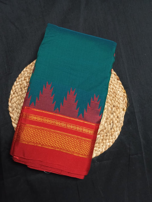 Neyge Ilkal Pure Cotton Silk Saree Temple Gadwal Chikkiparas Border Tope Pallu Saree (Teal_Red)
