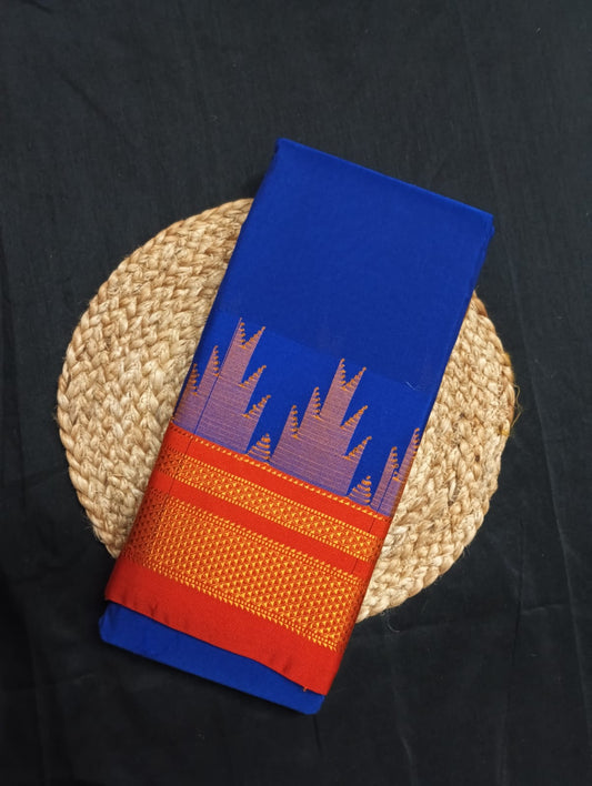 Neyge Ilkal Pure Cotton Silk Saree Temple Gadwal Chikkiparas Border Tope Pallu Saree (Blue_Orange)