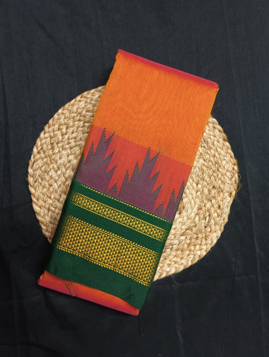 Neyge Ilkal Pure Cotton Silk Saree Temple Gadwal Chikkiparas Border Tope Pallu Saree (Orange_Green)
