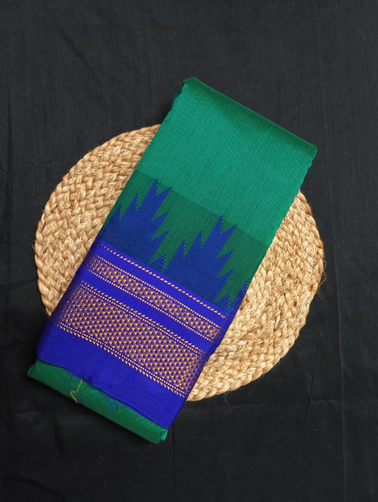 Neyge Ilkal Pure Cotton Silk Saree Temple Gadwal Chikkiparas Border Tope Pallu Saree (Green_Blue)