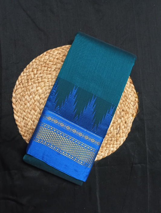 Neyge Ilkal Pure Cotton Silk Saree Temple Gadwal Chikkiparas Border Tope Pallu Saree (Teal_Blue)