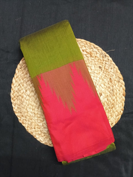 Neyge Ilkal Pure Cotton Silk Saree Big Temple Gadwal Border Traditional Pallu Saree (Mehandi_Red)