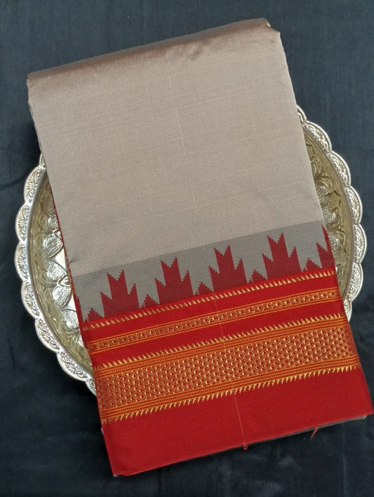 Neyge Ilkal Pure Cotton Silk Saree Temple Gadwal Chikkiparas Border Tope Pallu Saree (Biscuti_Red)
