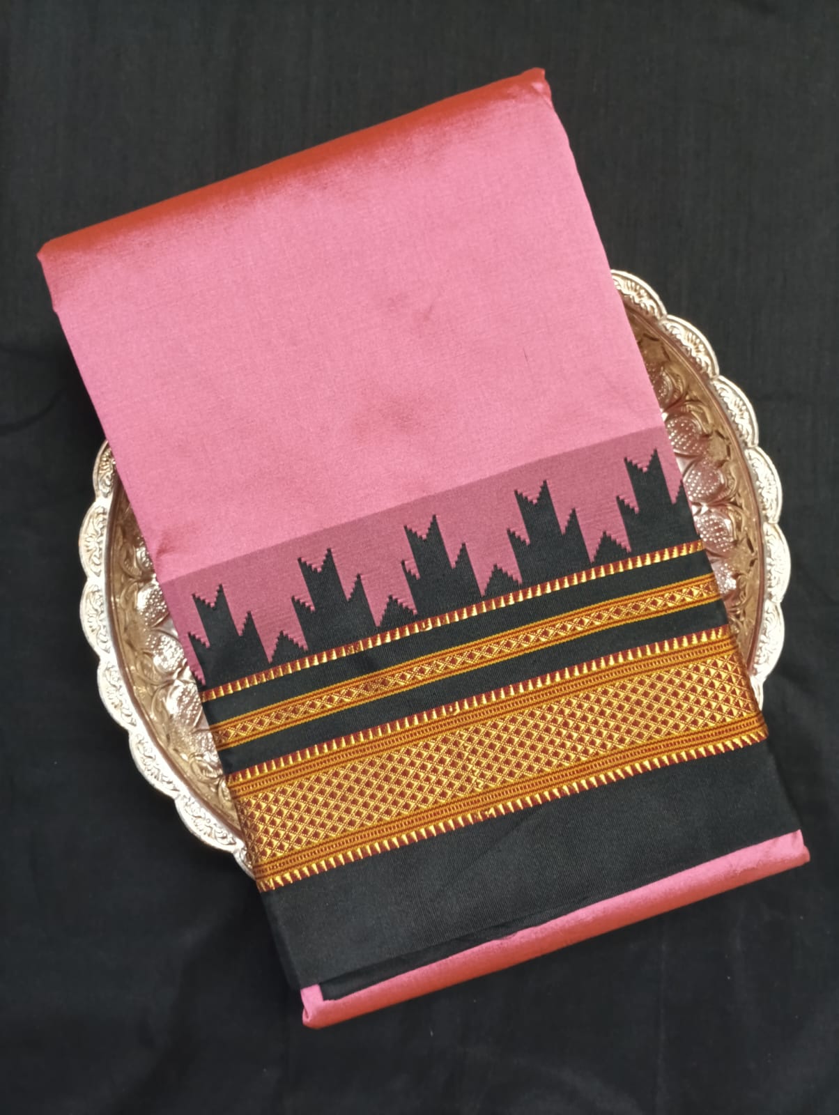 Neyge Ilkal Pure Cotton Silk Saree Temple Gadwal Chikkiparas Border Tope Pallu Saree (Pink_Black)