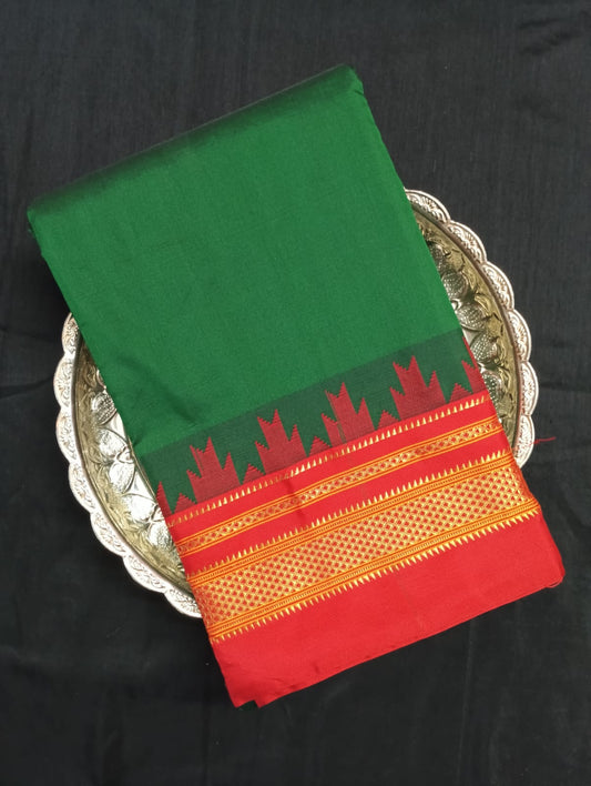 Neyge Ilkal Pure Cotton Silk Saree Temple Gadwal Chikkiparas Border Tope Pallu Saree (Green_Red)