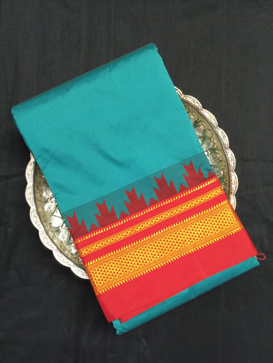 Neyge Ilkal Pure Cotton Silk Saree Temple Gadwal Chikkiparas Border Tope Pallu Saree (Blue_Red)