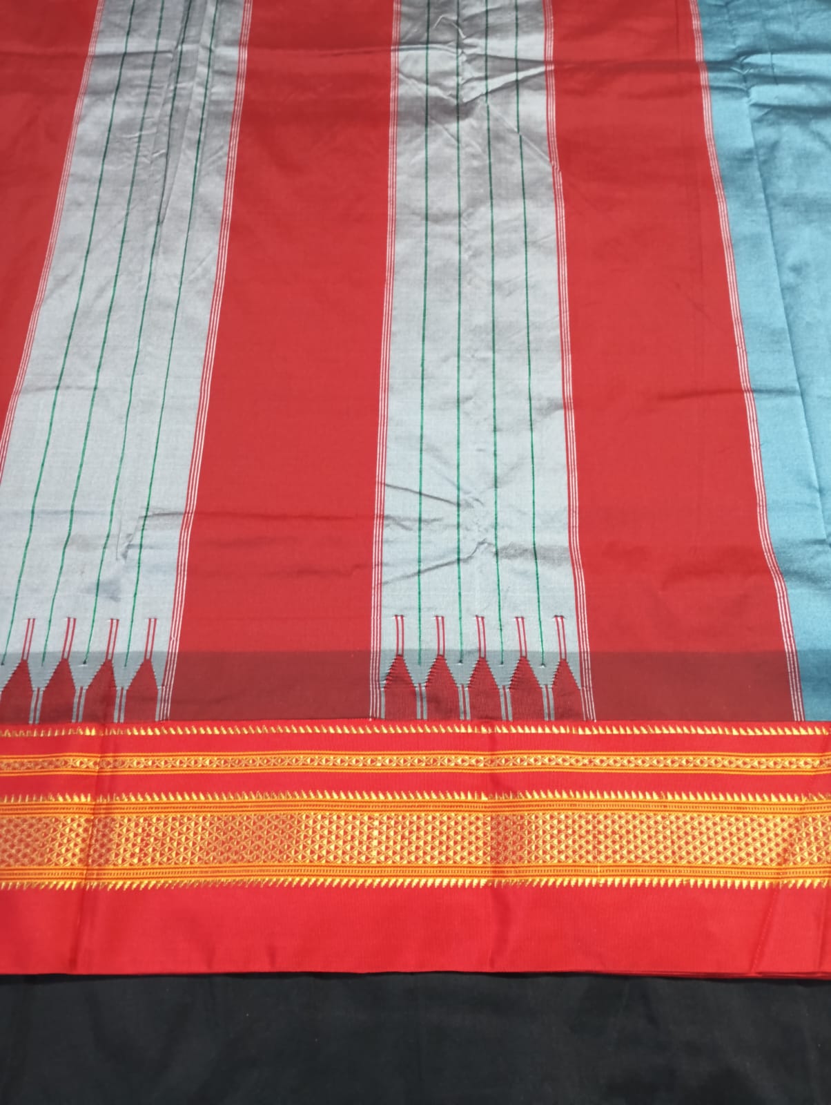 Neyge Ilkal Pure Cotton Silk Saree Temple Gadwal Chikkiparas Border Tope Pallu Saree (SeaBlue_Red)