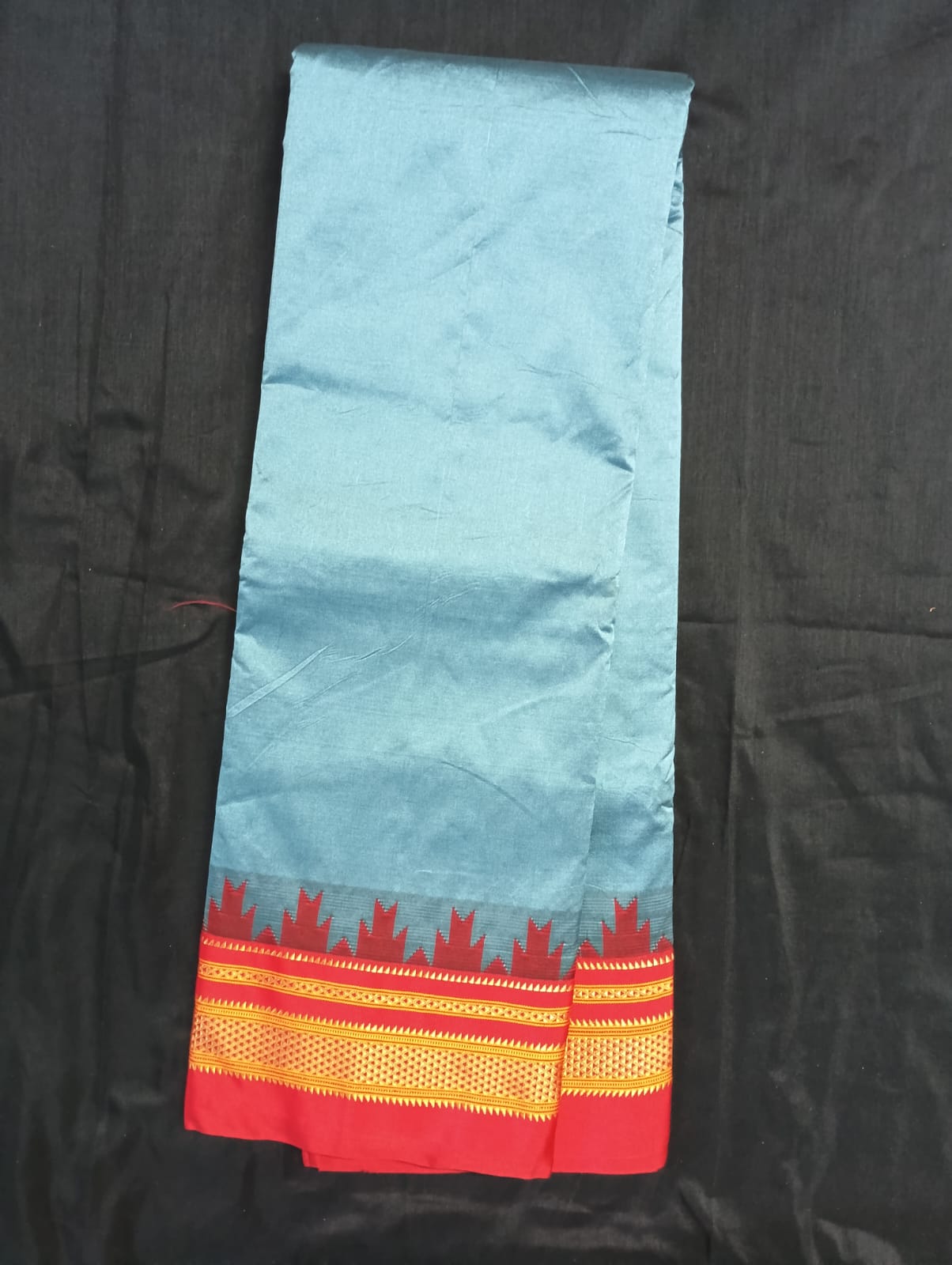 Neyge Ilkal Pure Cotton Silk Saree Temple Gadwal Chikkiparas Border Tope Pallu Saree (SeaBlue_Red)