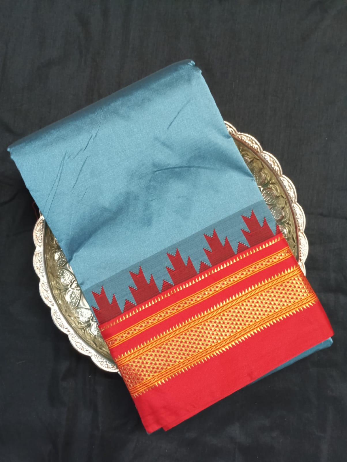 Neyge Ilkal Pure Cotton Silk Saree Temple Gadwal Chikkiparas Border Tope Pallu Saree (SeaBlue_Red)