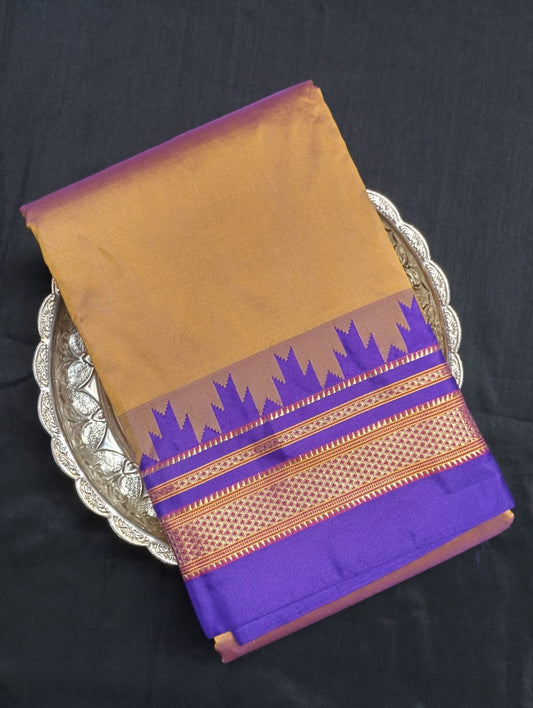 Neyge Ilkal Pure Cotton Silk Saree Temple Gadwal Chikkiparas Border Tope Pallu Saree (Gold_Purple)