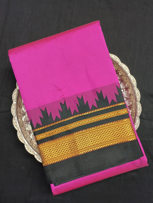 Neyge Ilkal Pure Cotton Silk Saree Temple Gadwal Chikkiparas Border Tope Pallu Saree (Pink_Black)