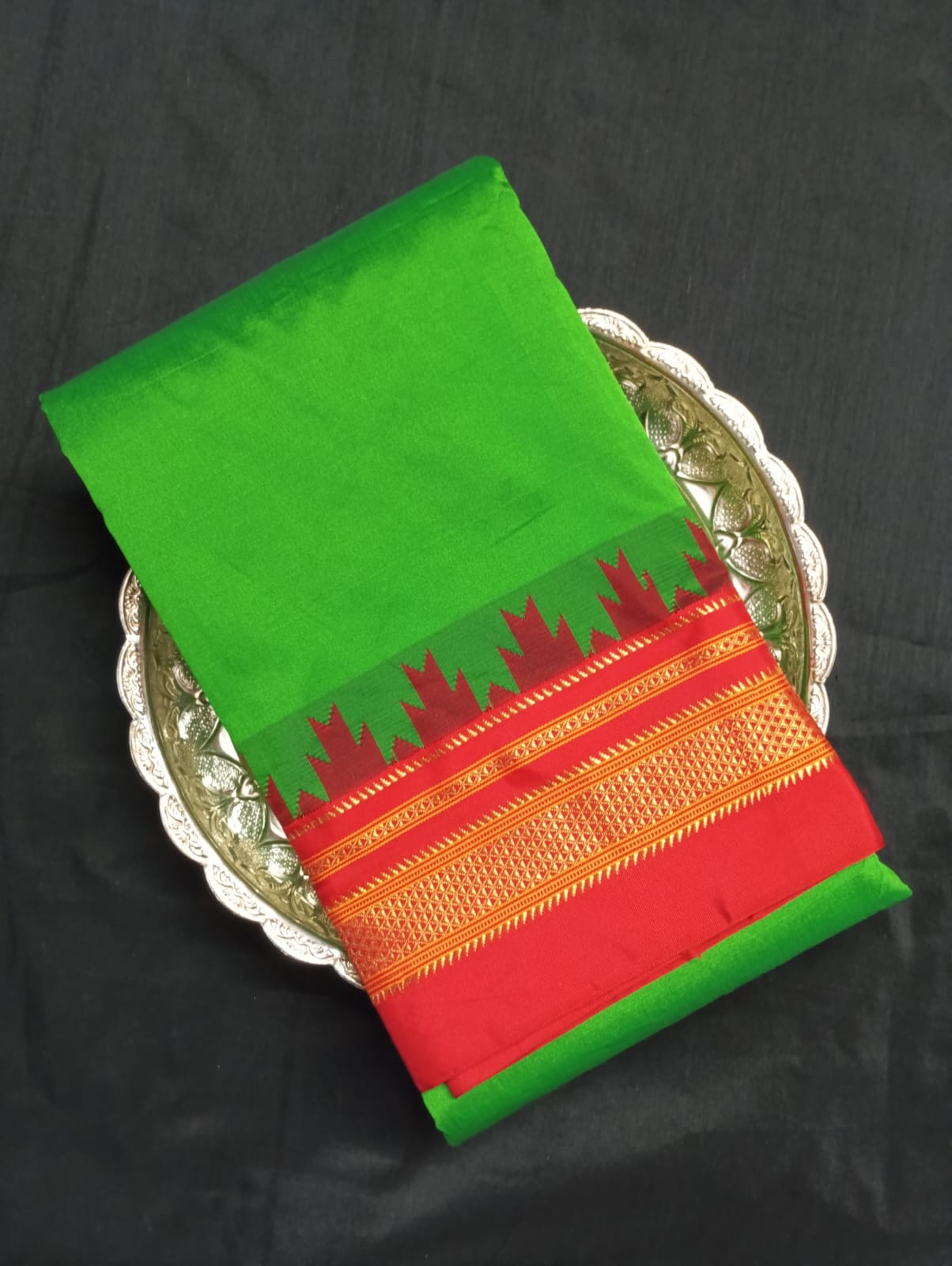 Neyge Ilkal Pure Cotton Silk Saree Temple Gadwal Chikkiparas Border Tope Pallu Saree (LightGreen_Red)