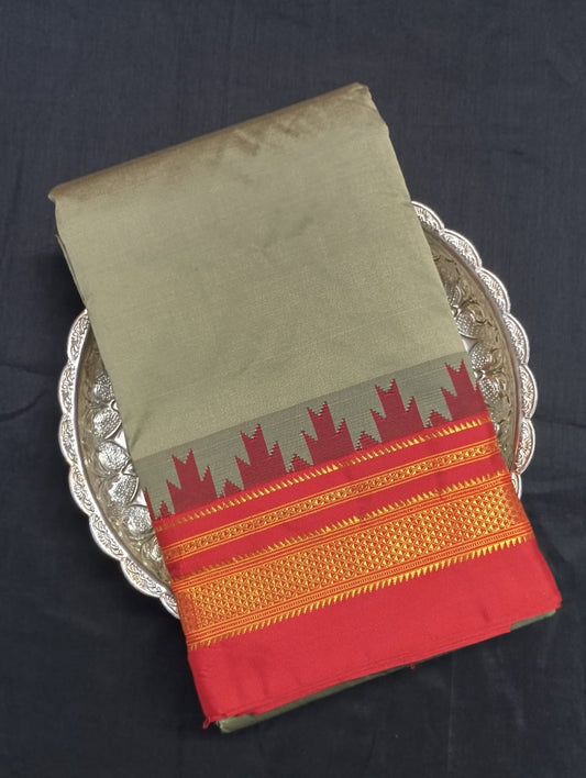 Neyge Ilkal Pure Cotton Silk Saree Temple Gadwal Chikkiparas Border Tope Pallu Saree (Cream_Red)