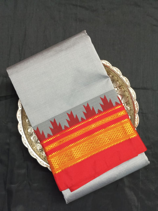 Neyge Ilkal Pure Cotton Silk Saree Temple Gadwal Chikkiparas Border Tope Pallu Saree (Grey_Red)