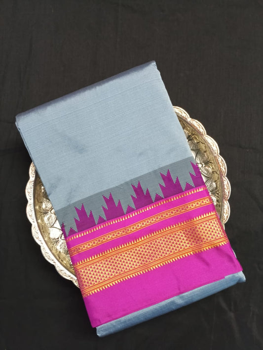 Neyge Ilkal Pure Cotton Silk Saree Temple Gadwal Chikkiparas Border Tope Pallu Saree (Grey_Pink)