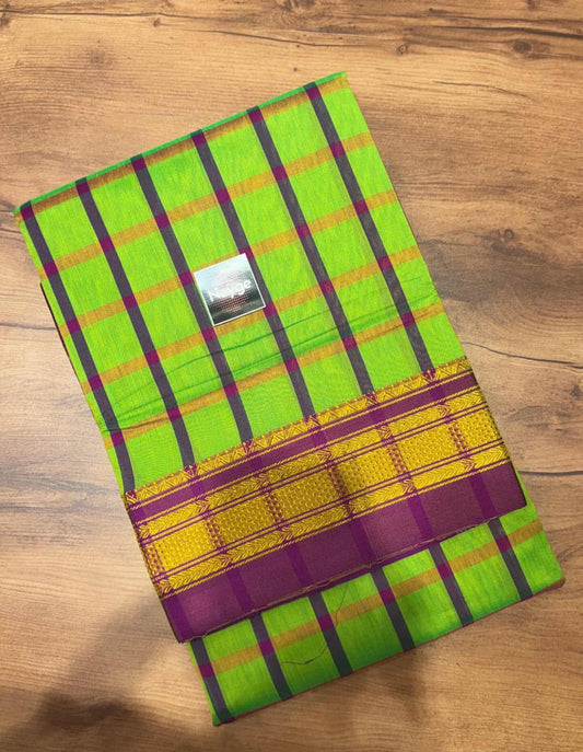 Neyge Classic Ilkal Cotton Silk Checks with Signature Tope-Tope Pallu Chikki Paras Border & Contrast Blouse_ParrotGreen