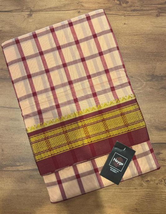 Neyge Classic Ilkal Cotton Silk Checks with Signature Tope-Tope Pallu Chikki Paras Border & Contrast Blouse_DarkCream