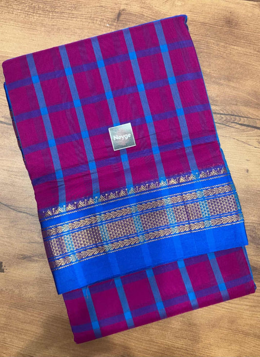 Neyge Classic Ilkal Cotton Silk Checks with Signature Tope-Tope Pallu Chikki Paras Border & Contrast Blouse_Dark Pink