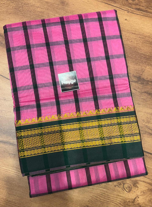 Neyge Classic Ilkal Cotton Silk Checks with Signature Tope-Tope Pallu Chikki Paras Border & Contrast Blouse_Pink