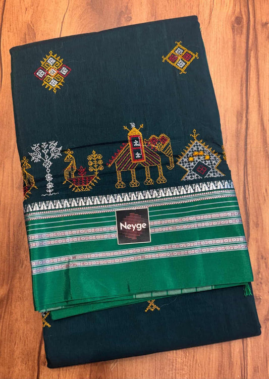 Neyge Premium Cotton Silk Dharwad Kasuti Saree with Contrast Narayanpet Border & Stripe Pallu - Teal