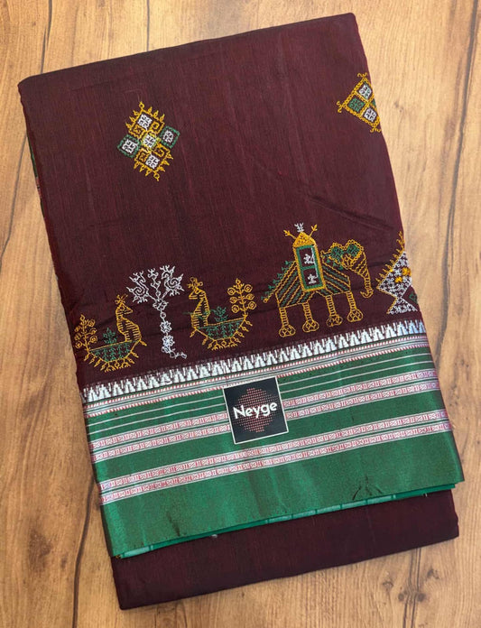 Neyge Premium Cotton Silk Dharwad Kasuti Saree with Contrast Narayanpet Border & Stripe Pallu - Maroon