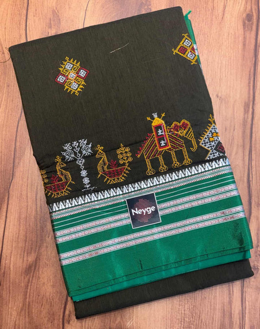 Neyge Premium Cotton Silk Dharwad Kasuti Saree with Contrast Narayanpet Border & Stripe Pallu - Mehandi