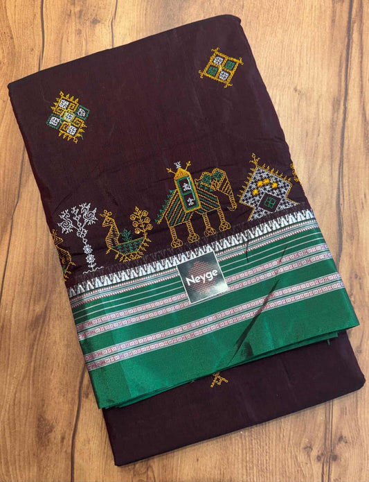 Neyge Premium Cotton Silk Dharwad Kasuti Saree with Contrast Narayanpet Border & Stripe Pallu - DarkMaroon