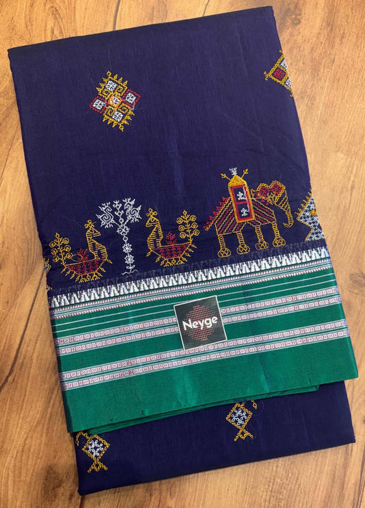 Neyge Premium Cotton Silk Dharwad Kasuti Saree with Contrast Narayanpet Border & Stripe Pallu - RoyalBlue