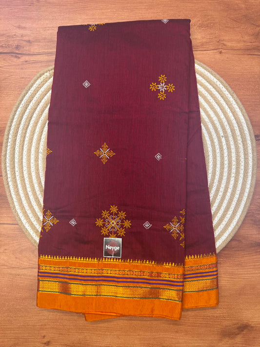 Ilkal Cotton Silk Blend Dharwad Kasuti Handwoven Traditional Border Stripe Pallu Saree - Maroon
