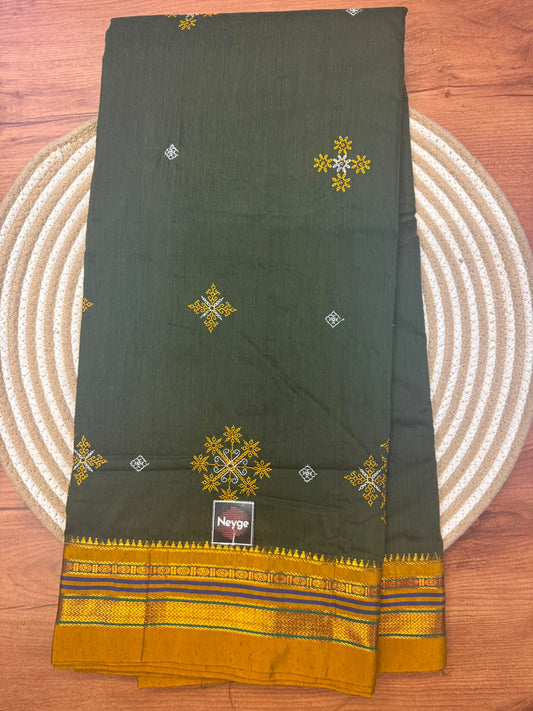 Ilkal Cotton Silk Blend Dharwad Kasuti Handwoven Traditional Border Stripe Pallu Saree - Mehandi